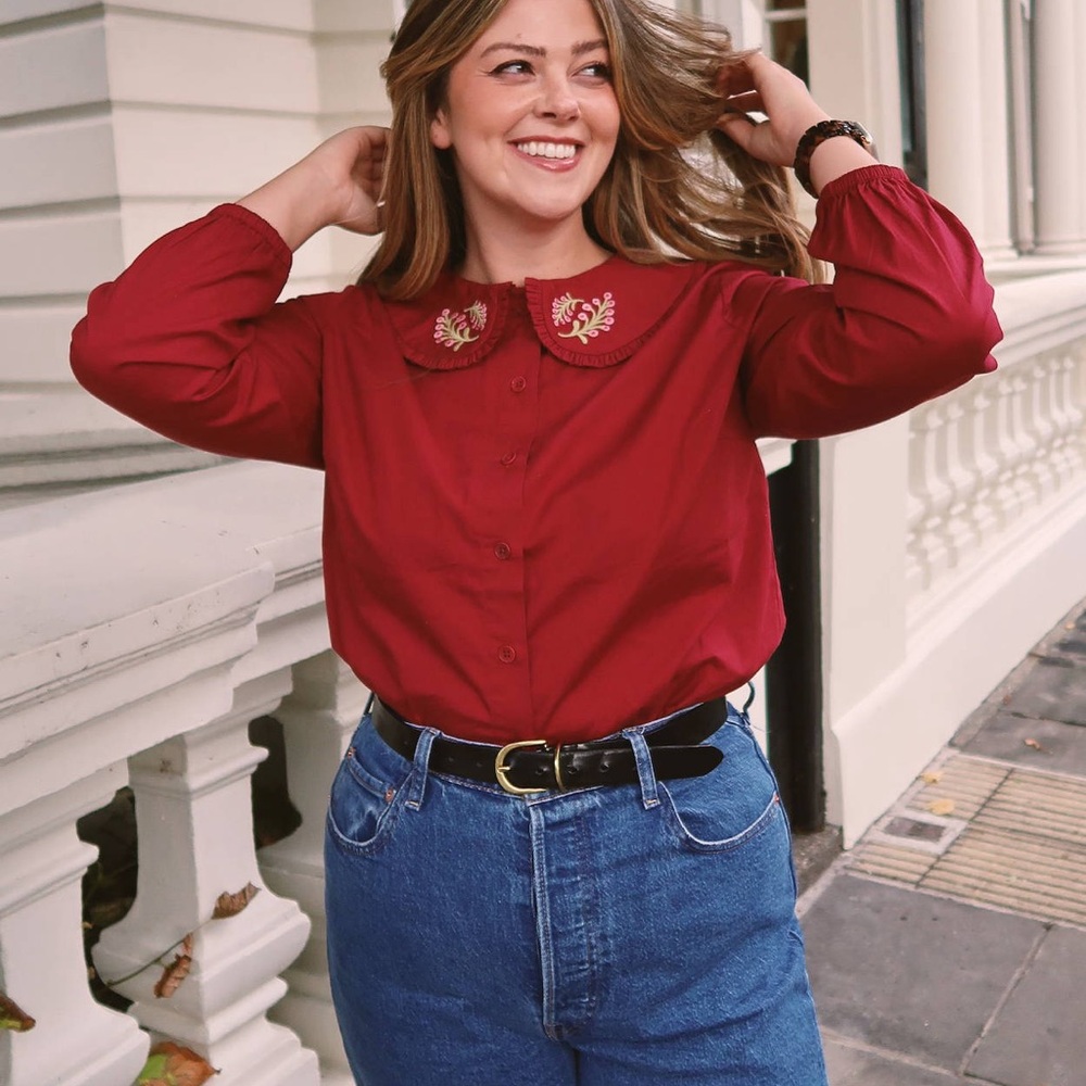 Lucy and Yak Red Blouse with Embroidered Collar US 8/UK 12